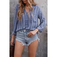 Azura Exchange Striped V Neck Pocket Long Sleeve Top - M