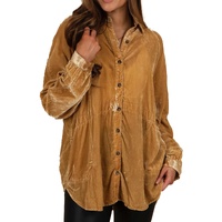 Gold Solid Color Button Up Loose Fit Velvet Shirt - S