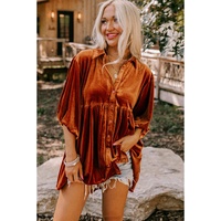 Azura Exchange Chestnut 3/4 Sleeve Tunic Babydoll Velvet Shirt - L