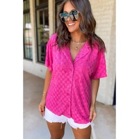 Bright Pink Lapel Neck Checkered Textured Short Sleeve Shirt - XL