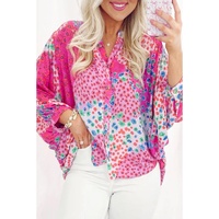 Rose Red Floral Allover Print Buttoned V Neck Oversized Shirt - M