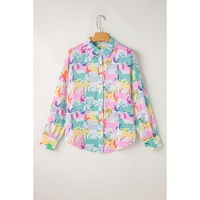 White Colorful Horse Printed Long Sleeve Button Up Casual Shirt - M