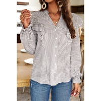 Brown Plaid Flounce Sleeve Notched Neck Ruffled Shirt - L
