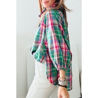 Green Checkered 3/4 Sleeve Collared Loose Fit Shirt - M