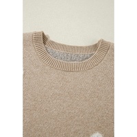 Parchment Flower Pattern Ribbed Trim Crew Neck Sweater - L