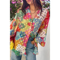 Rose Red Colorblock Abstract Print Button up Loose Shirt - S