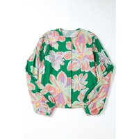 Green Floral Print Button up Pleated Puff Sleeve Loose Shirt - M