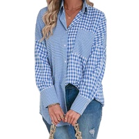 Sky Blue Stripe Plaid Patchwork Button up Long Sleeve Shirt - M