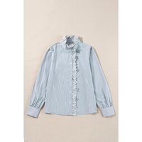 Sky Blue Stripe Frilled Trim Button Up Long Sleeve Shirt - L