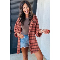 Red Plaid Long Sleeeve Side Split Distressed Hem Shirt - S