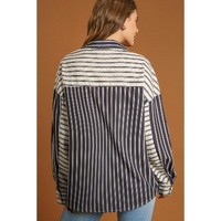 Black Stripe 2-tone Patchwork Half Buttons Chest Pockets Casual Blouse - XL