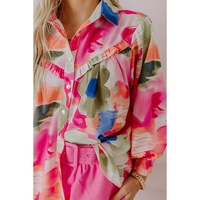 Rose Abstract Print Ruffled Puff Sleeve Shirt - S