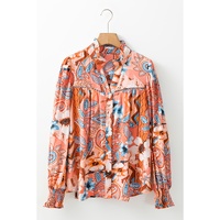 Orange Floral Print Shirred Cuff Buttoned Loose Shirt - L