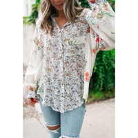 Purple Boho Floral Bishop Sleeve Button Up Loose Shirt - L