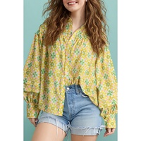Green Boho Floral Print Frilly Detail Puff Sleeve Shirt - S