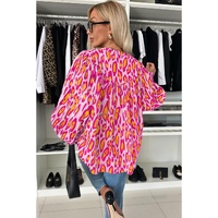 Rose Red Oversized Leopard Print Balloon Sleeve Casual Shirt - XL