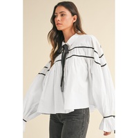 White Black Pipping Ribbon Bowtie Collared Ruffled Puff Sleeve Shirt - XL