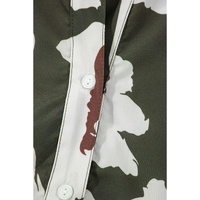 Four Leaf Clover Abstract Floral Print Puff Sleeve Half Button Blouse - L