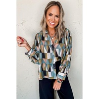 Green Geometric Print Buttoned Balloon Sleeve Loose Fit Shirt - L