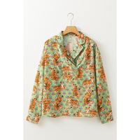 Green Tiger Floral Printed Collared V Neck Casual Shirt - L