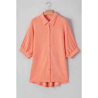 Grapefruit Orange Corded Half Sleeve Button Up High Low Hem Loose Shirt - S