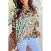 Dark Green Abstract Print Half Sleeve Button up Loose Shirt - M