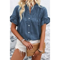 Real Teal Solid Color Ruffle Ruched Short Sleeve Buttoned Shirt - S
