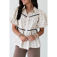 White Contrast Trim Floral Puff Short Sleeve Shirt - L