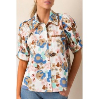 Multicolour Floral Print Ricrac Trim Collared Puff Short Sleeve Shirt - L