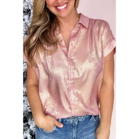 Delicacy Metallic Buttoned Loose Fit Short Sleeve Shirt - L