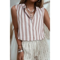 Khaki Stripe Casual Button Down Sleeveless Shirt - L