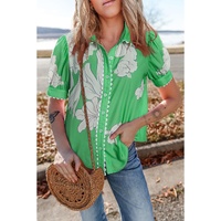 Green Floral Ric Rac Edge Puff Sleeve Button Up Summer Shirt - M
