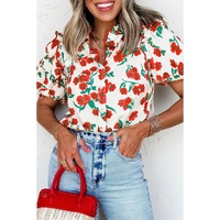 Red Floral Print Ruffled Puff Sleeve Elegant Summer Shirt - S