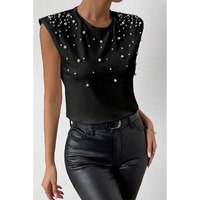 Black Pearls Beaded Shoulder Pad Crew Neck Tank Top - L
