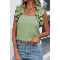 Smoke Green Solid Ruffle Trim Sleeveless Top - L