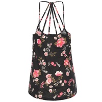 Black Floral Spaghetti Straps Strappy Back Tank Top - L