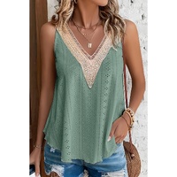 Mist Green Lace Crochet Splicing V Neck Loose Fit Tank Top - L