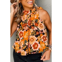 Orange Floral Print Knotted Halter Neck Sleeveless Top - L