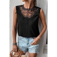 Black Guipure Lace Crochet Keyhole Back Tank Top - S