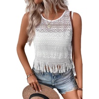 White Lace Crochet Hollow out Fringed Tank Top - XL