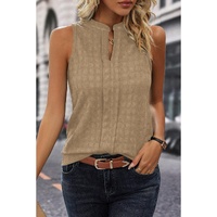 Light French Beige Lattice Textured Split Neck Tank Top - L
