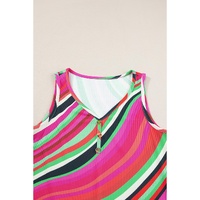 Purple Wavy Striped Buttoned V Neck Tank Top - L