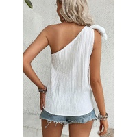 White Textured Bowknot One Shoulder Tank Top - L