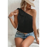 Black Textured Bowknot One Shoulder Tank Top - XL