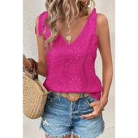 Rose Red Embroidery Patterned Knotted Straps V Neck Tank Top - S