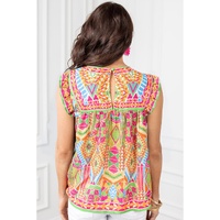 Orange Geometric Print Ruffled Trim Tank Top - M