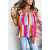 Red Stripe Ruffled Straps Babydoll Tank Top - XL