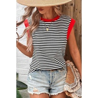Black Stripe Colorblock Edge Round Neck Tank Top - XL