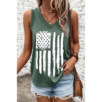 Mist Green Frayed American Flag Printed V Neck Tank Top - L