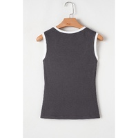 Carbon Grey Ribbed Knit Colorblock Edge U Neck Slim Fit Tank Top - L